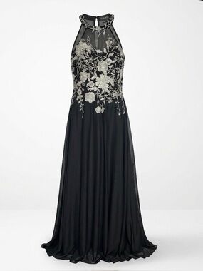 Cachet Illusion Halter Neck Silver and Black Evening Gown size 12